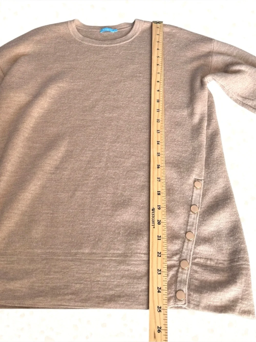 J.McLaughlin Lucie 100% Merino Wool Button Sleeve Crew Neck Sweater Taupe Size S